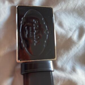Prada Black Leather Belt with Glossy Embossed Rectangular Buckle